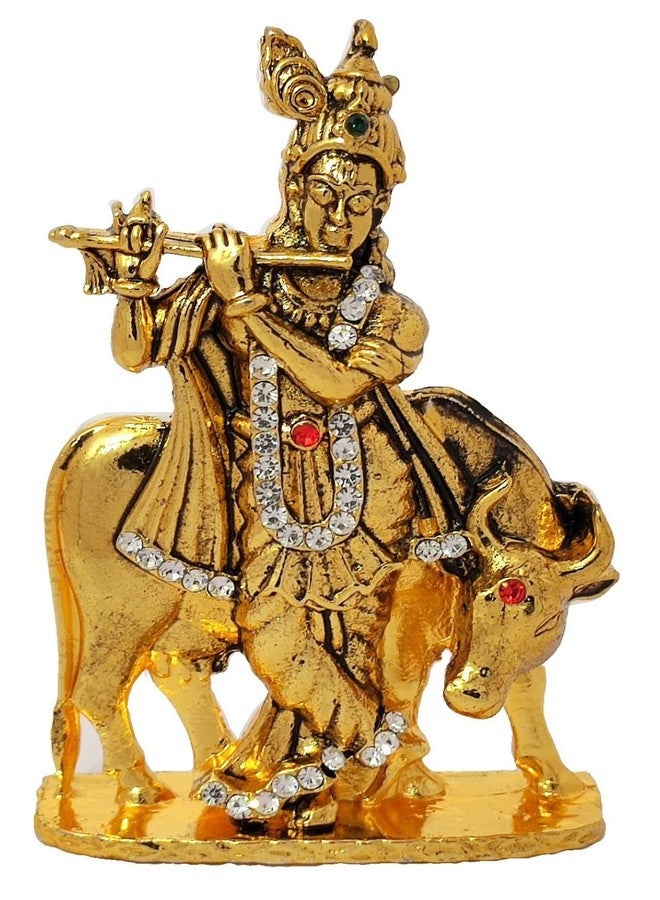 GCT Lord Krishna Idol with Cow Bansuri Krishna Idol (B-117) Gold Metal Statue for Home Décor Car Dashboard Mandir Pooja Murti Temple Puja Office Table Showpiece - Image 1